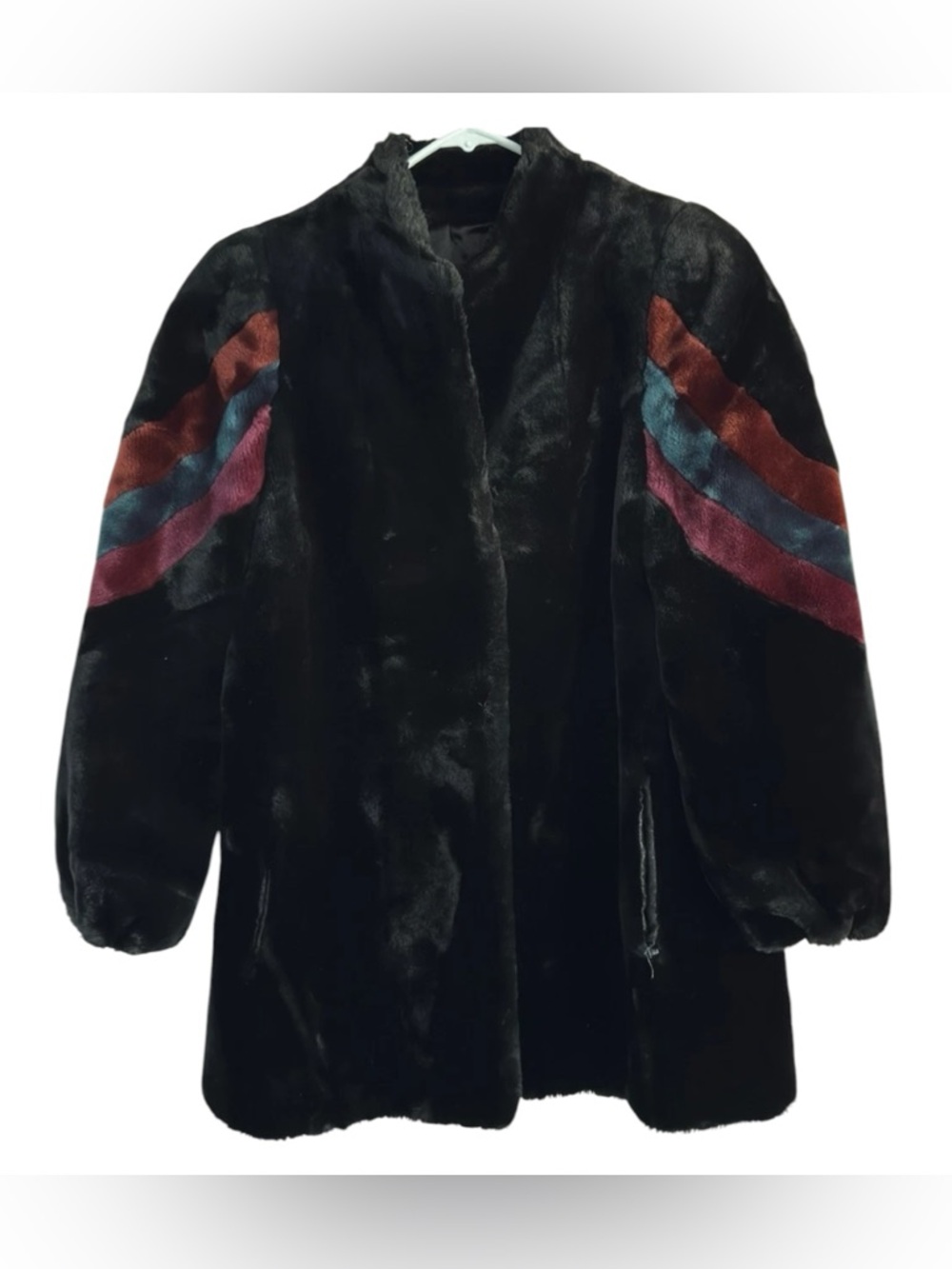Vtg 80s Central Park Zoo Faux Fur Coat Black Colorblock Stripe Sleeve XS
